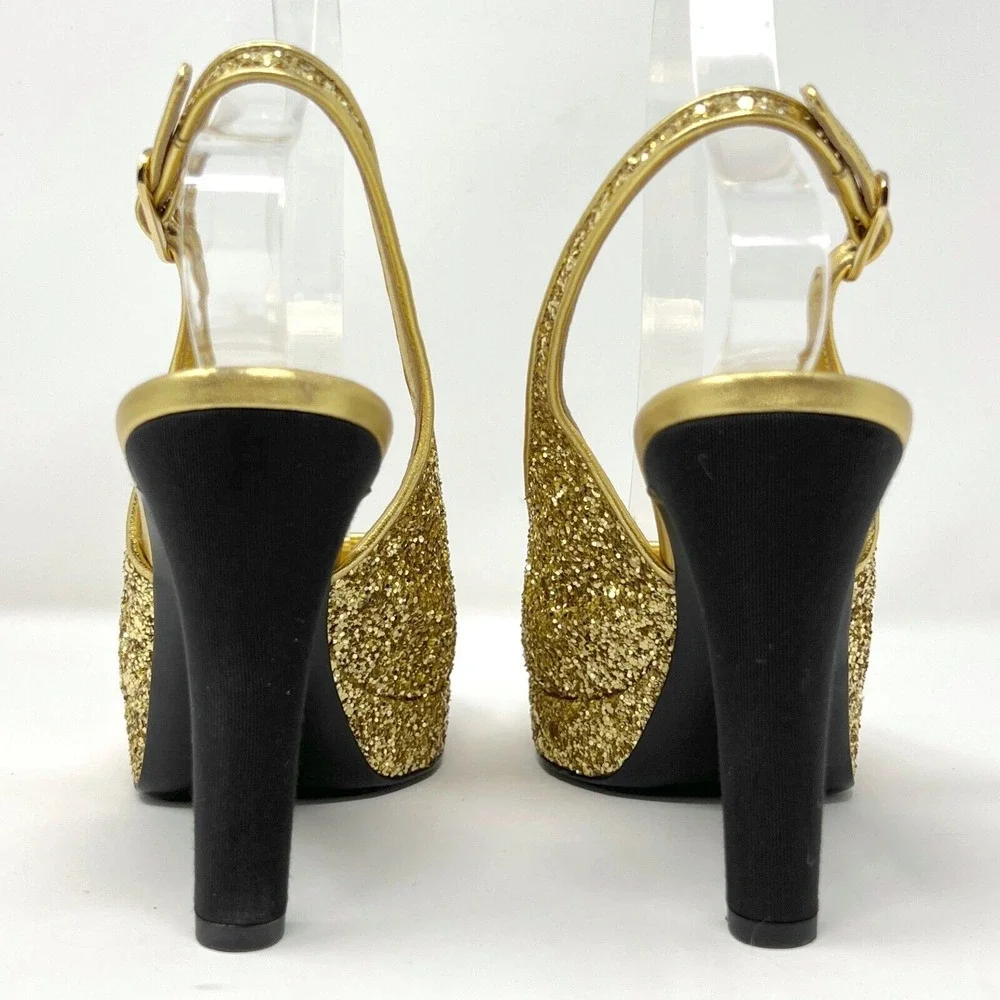 Chanel Gold Glitter Cap Toe Slingback Heels‎ Platform 38